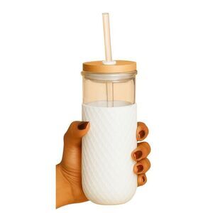 Ello Devon Glass Tumbler White Silicone Sleeve Wooden Lid Straw Container 18 OZ
